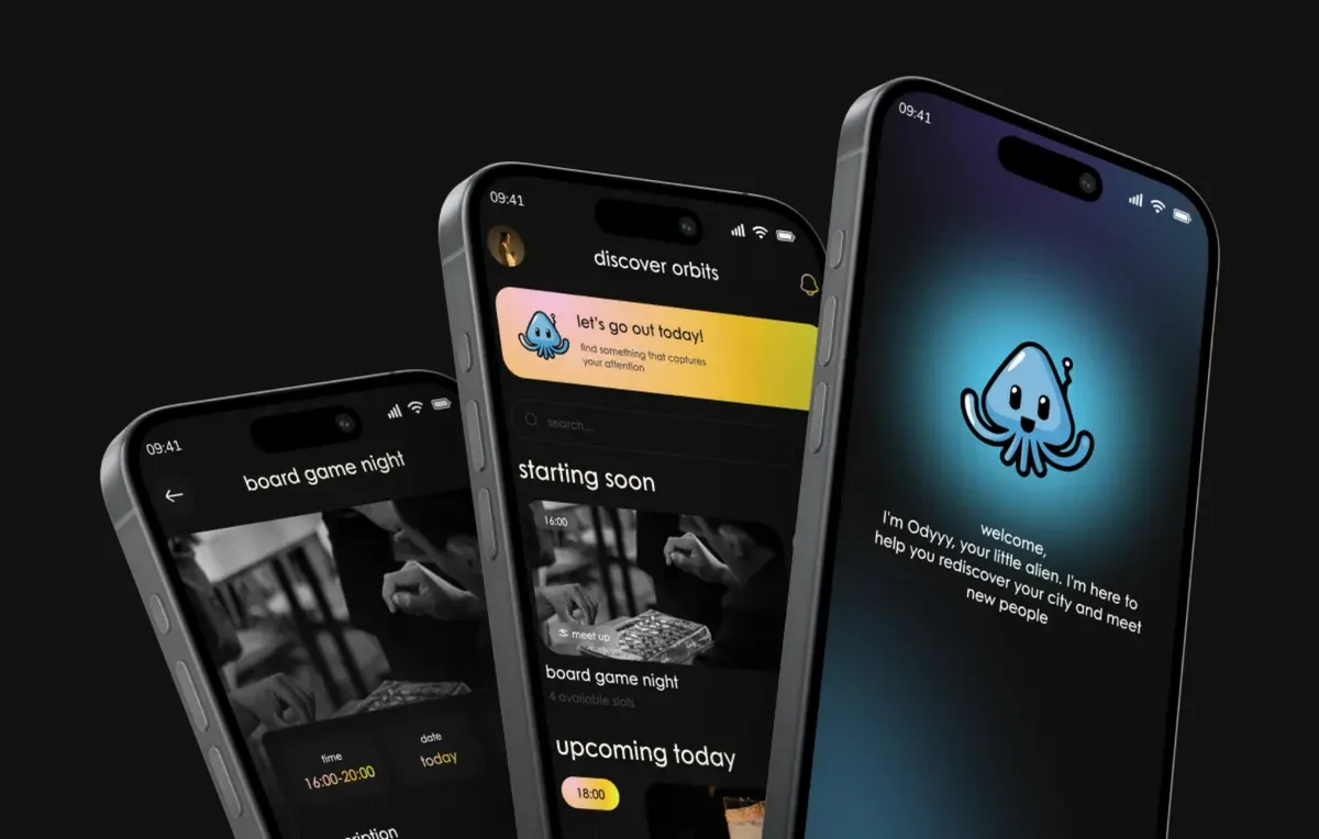 Three screens of the ODYYY app shown on odyyy.com: the page of a board game night event, the discover orbits list and the home screen with the mascot