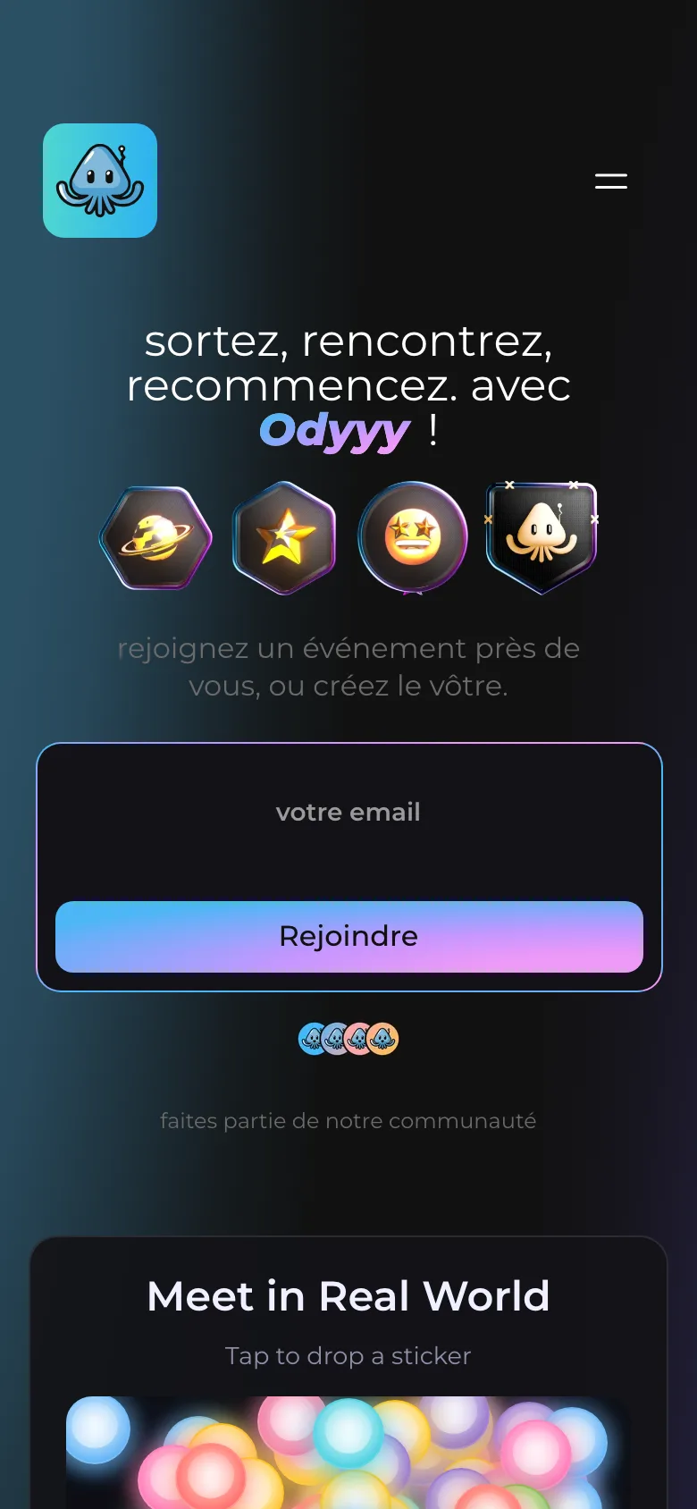 odyyy.com on a phone: the slogan sortez, rencontrez, recommencez with Odyyy, four trophies, the field votre email and the button Rejoindre