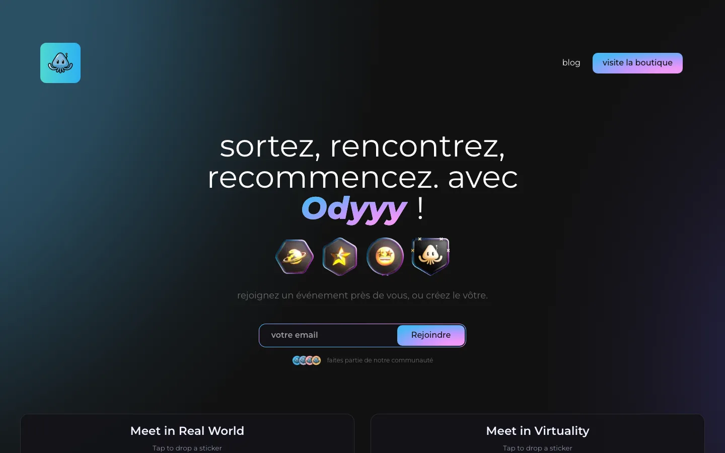 Home page of odyyy.com: the slogan sortez, rencontrez, recommencez, four trophies and a sign-up field, on a dark background