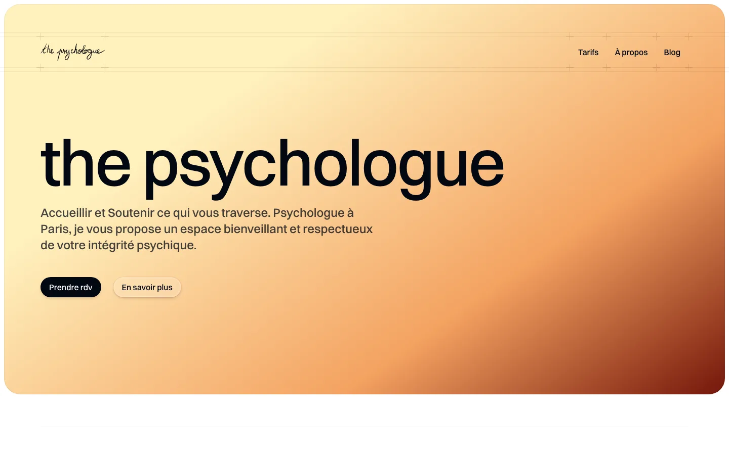 Home page of thepsychologue.com: the title the psychologue in large black letters on a yellow and orange gradient, and the buttons Prendre rdv and En savoir plus