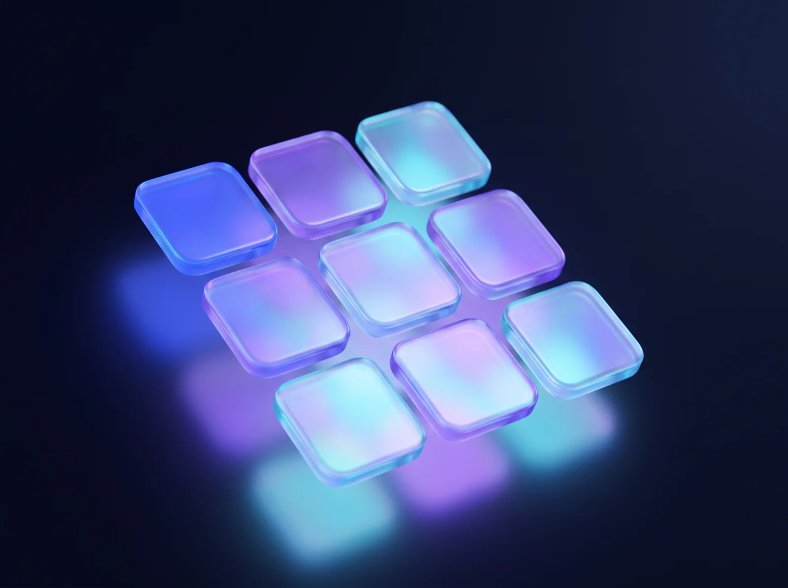 A grid of nine rounded glass tiles in iridescent blue, violet and cyan gradients, tilted in perspective