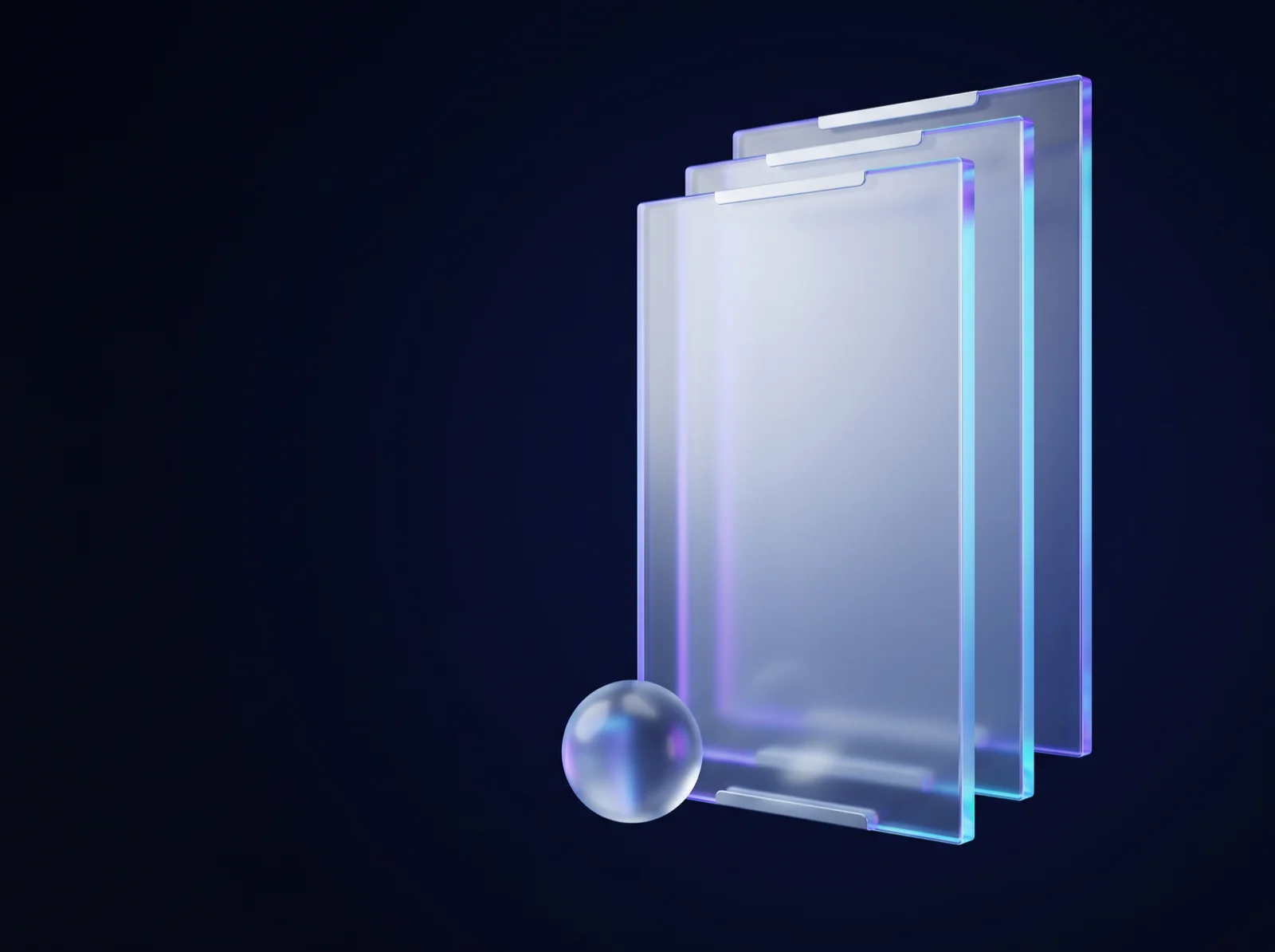 Three stacked translucent glass panels in perspective, with blue, violet and cyan edges, in front of a small glass sphere