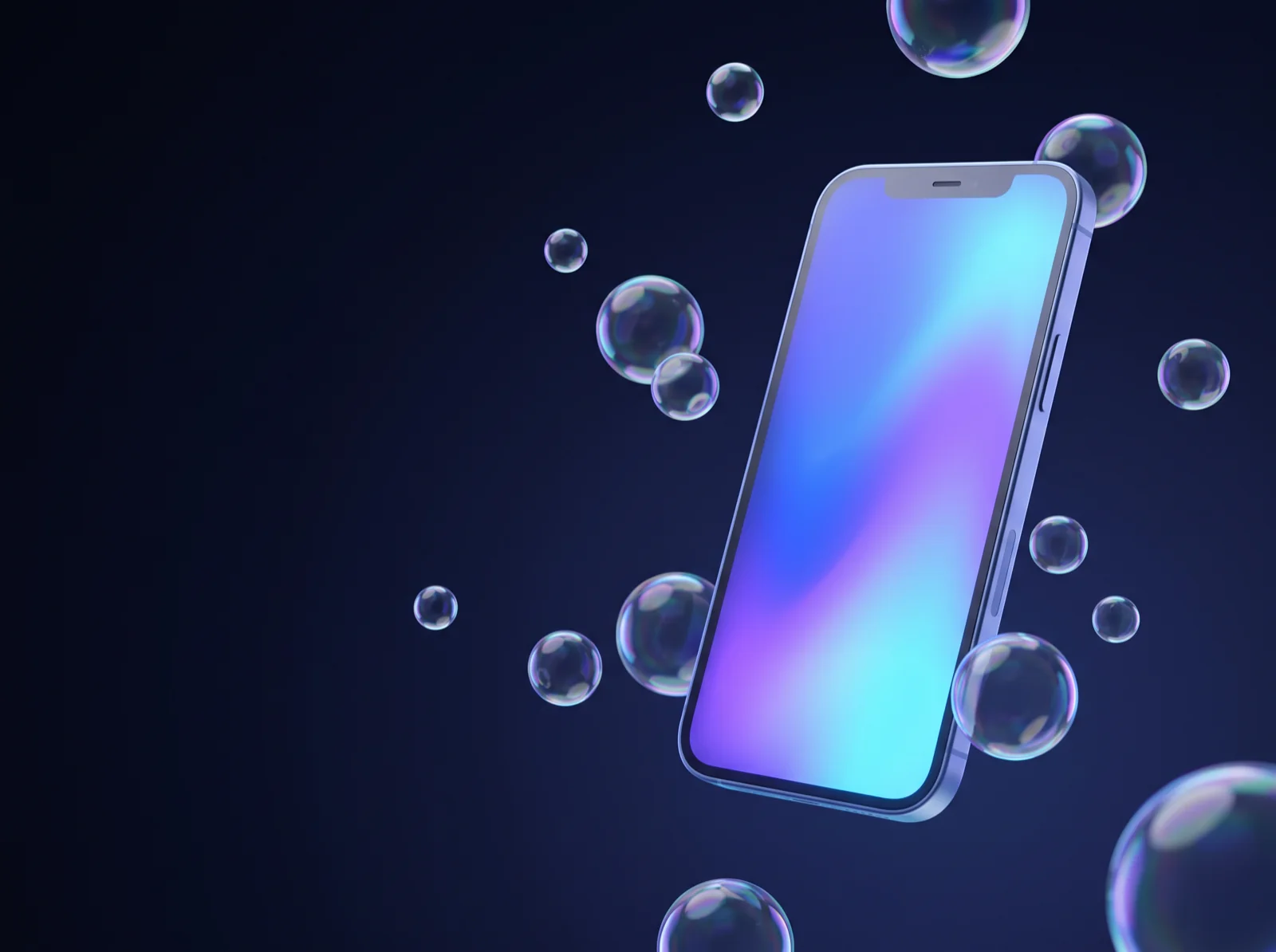 Smartphone en verre dépoli à l'écran dégradé bleu et violet, entouré de bulles de verre translucides