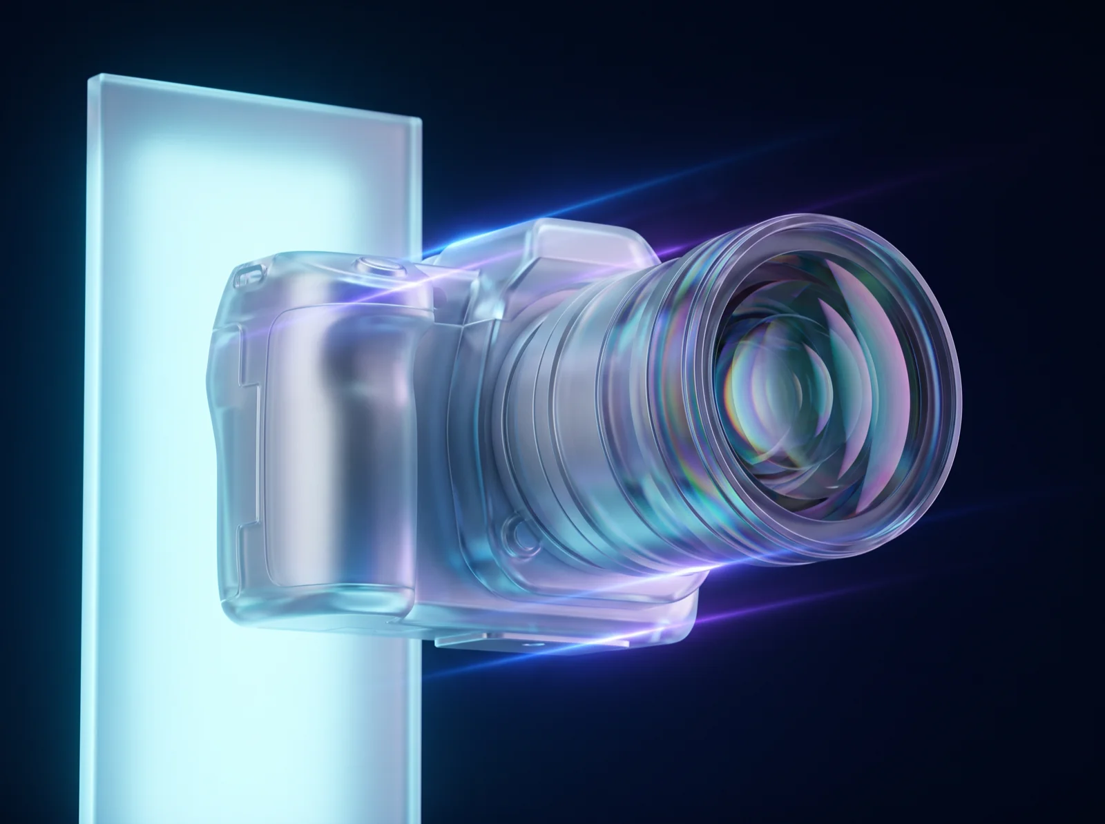 A frosted glass camera with an iridescent lens, lit by a cyan light panel and blue and violet reflections